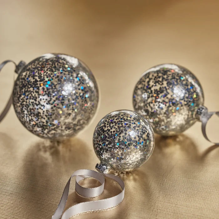 CONFETTI GLASS BALL ORNAMENT- SILVER4"