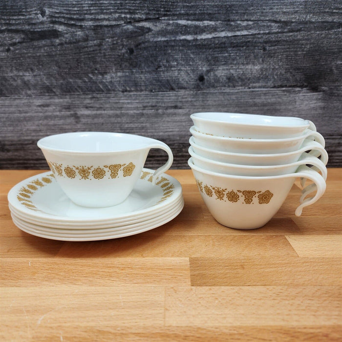 Corelle Corning Butterfly Gold Set of 6 Flat Cup & Saucer with Hook Handle Mugs