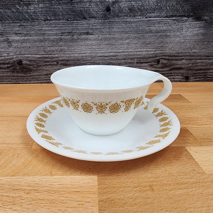 Corelle Corning Butterfly Gold Set of 6 Flat Cup & Saucer with Hook Handle Mugs