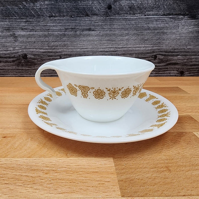 Corelle Corning Butterfly Gold Set of 6 Flat Cup & Saucer with Hook Handle Mugs