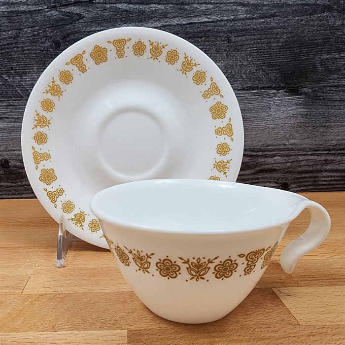 Corelle Corning Butterfly Gold Set of 6 Flat Cup & Saucer with Hook Handle Mugs
