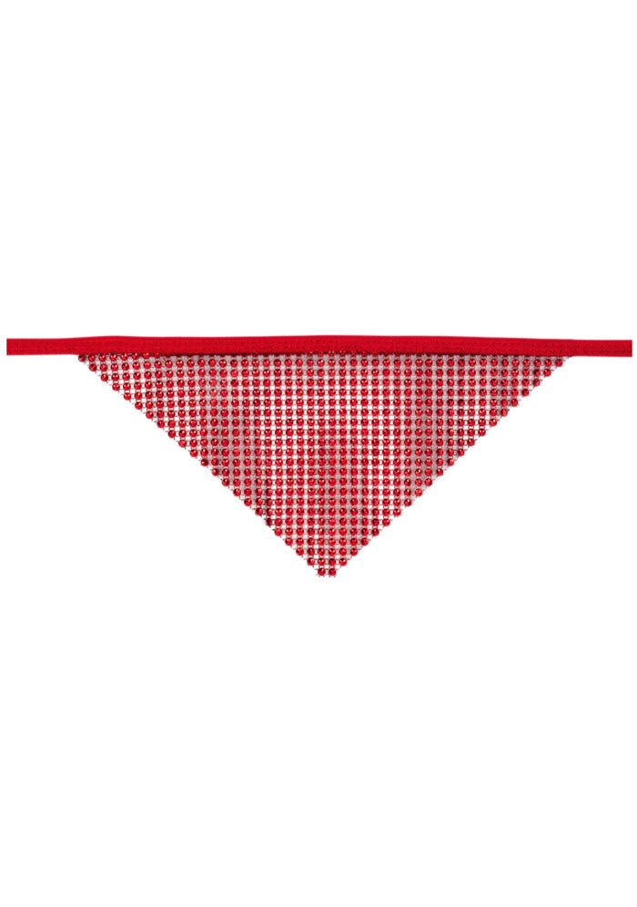 BGlittz Corvette 2.0 Crystal Face Mask in red with triangular crystal fabric and chained backing on handmade rave crystal mask — front view
