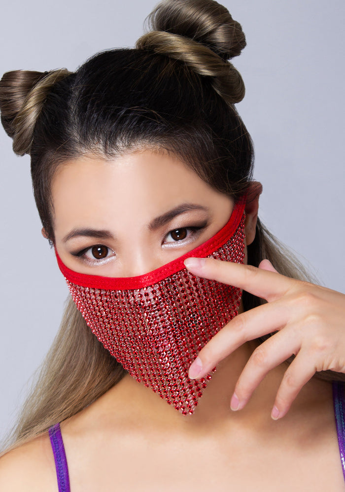 BGlittz Corvette 2.0 Crystal Face Mask in red with triangular crystal fabric and chained backing on handmade rave crystal mask — model side view