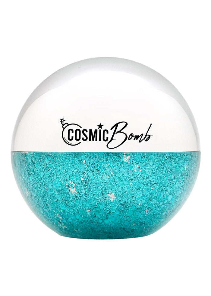 Cosmic Bomb Cosmic Burst Aquatica Teal Glitter Bomb with ultra-chunky teal glitter gel in 30mL jar on handmade rave festival face body hair glitter — front view