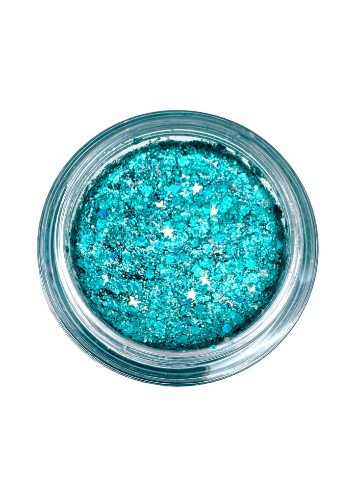 Cosmic Bomb Cosmic Burst Aquatica Teal Glitter Bomb with ultra-chunky teal glitter gel in 30mL jar on handmade rave festival face body hair glitter — swatch view