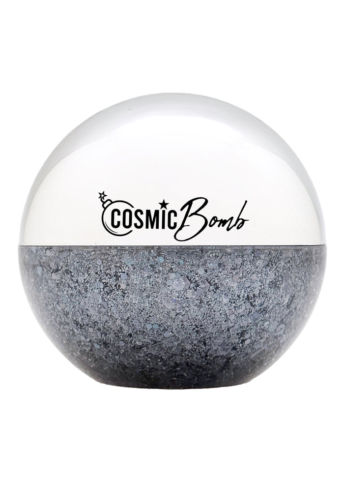 Cosmic Bomb Cosmic Burst Eclipse Black Hologram Glitter Bomb with ultra-chunky black holographic glitter gel in 30mL jar on handmade rave festival face body hair glitter — front view