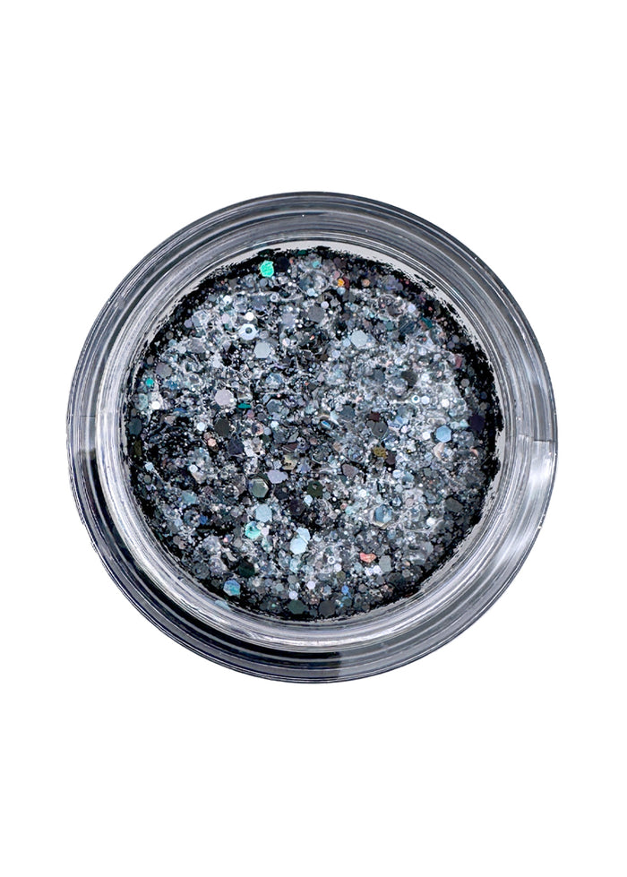 Cosmic Bomb Cosmic Burst Eclipse Black Hologram Glitter Bomb with ultra-chunky black holographic glitter gel in 30mL jar on handmade rave festival face body hair glitter — swatch view