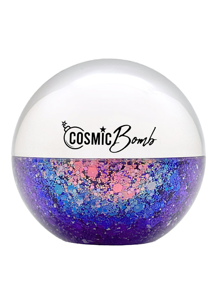 Cosmic Bomb Cosmic Burst Meteorite Purple Iridescent Glitter Bomb with ultra-chunky iridescent purple glitter gel in 30mL jar on handmade rave festival face body hair glitter — front view
