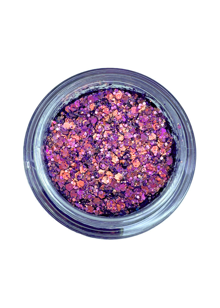 Cosmic Bomb Cosmic Burst Meteorite Purple Iridescent Glitter Bomb with ultra-chunky iridescent purple glitter gel in 30mL jar on handmade rave festival face body hair glitter — swatch view