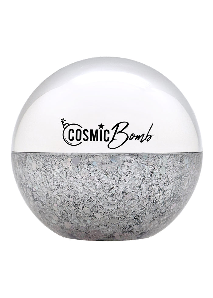 Cosmic Bomb Cosmic Burst Supernova Silver Hologram Glitter Bomb with ultra-chunky silver holographic glitter gel in 30mL jar on handmade rave festival face body hair glitter — front view