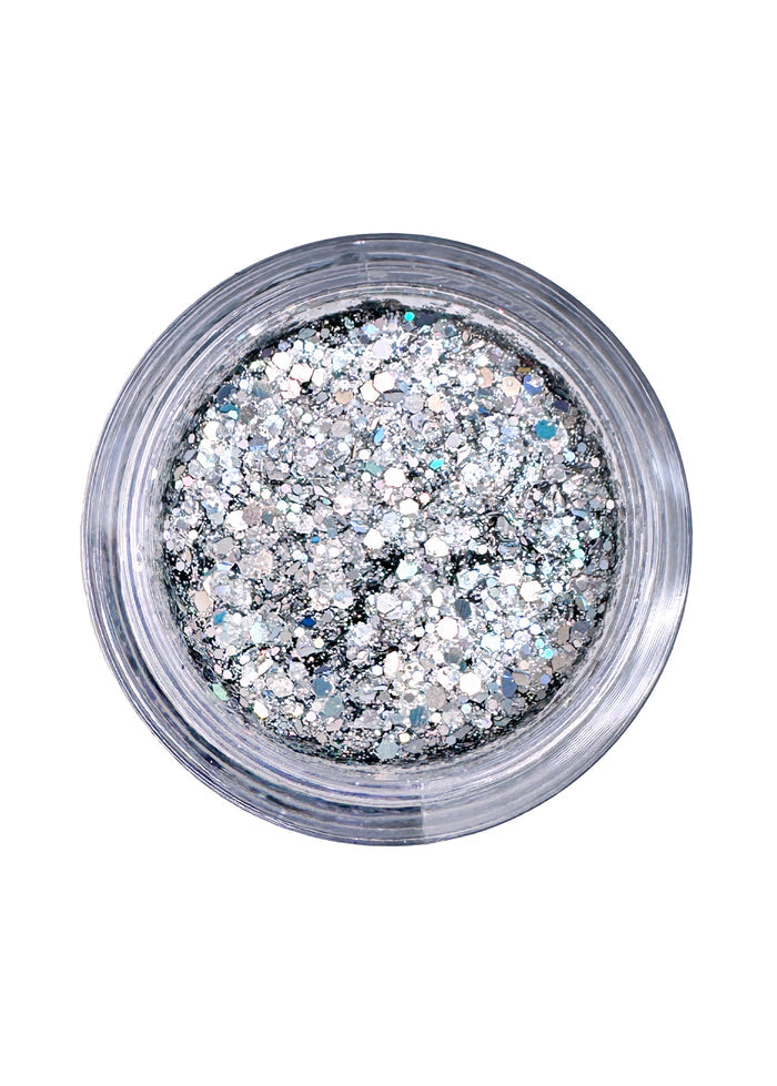 Cosmic Bomb Cosmic Burst Supernova Silver Hologram Glitter Bomb with ultra-chunky silver holographic glitter gel in 30mL jar on handmade rave festival face body hair glitter — swatch view