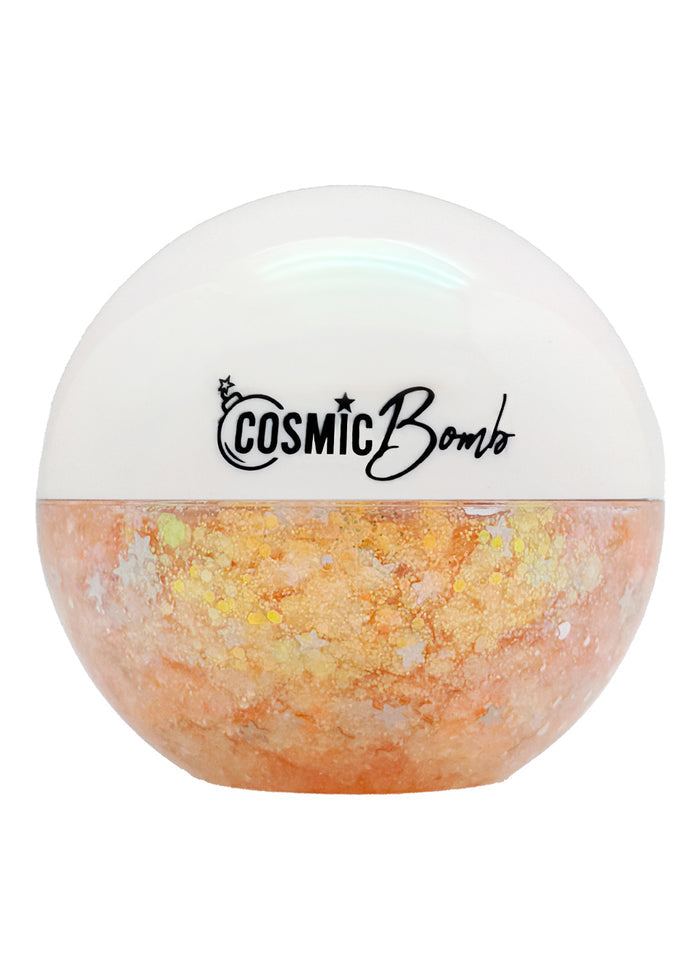 Cosmic Bomb Cosmic Light Citrus Spark Orange Glitter Bomb with iridescent orange star glitter gel in 30mL jar on handmade rave festival face body hair glitter — front view