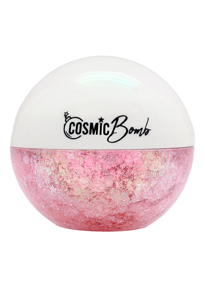 Cosmic Bomb Cosmic Light Cosmic Pink Glitter Bomb with iridescent pink star glitter gel in 30mL jar on handmade rave festival face body hair glitter — front view