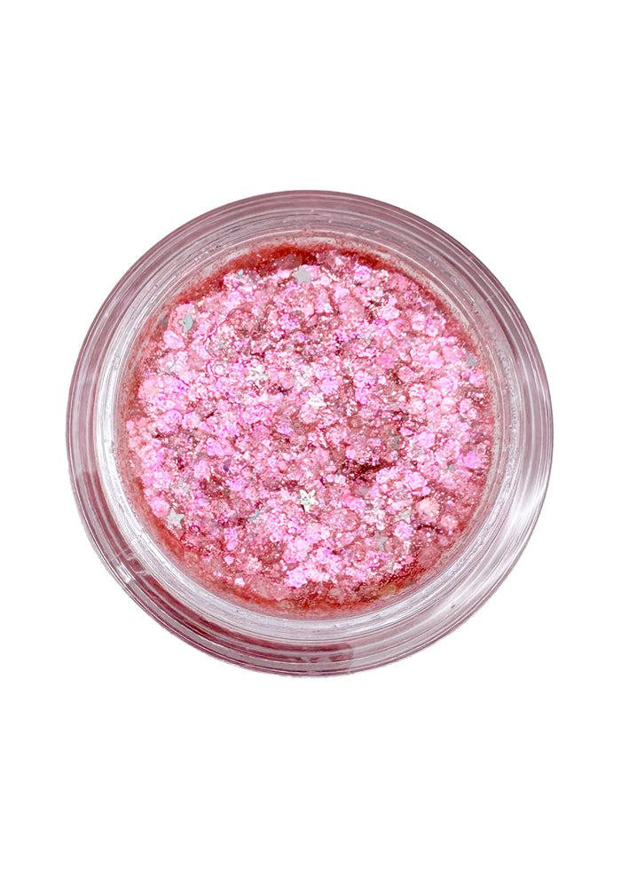 Cosmic Bomb Cosmic Light Cosmic Pink Glitter Bomb with iridescent pink star glitter gel in 30mL jar on handmade rave festival face body hair glitter — swatch view
