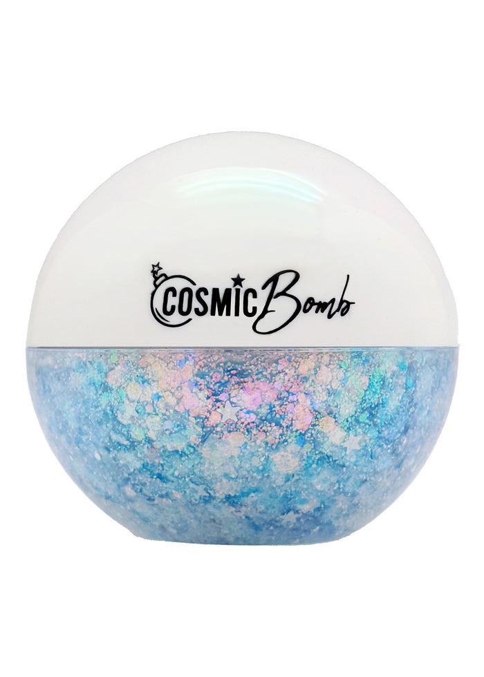 Cosmic Bomb Cosmic Light Dreamscape Blue Glitter Bomb with iridescent blue star glitter gel in 30mL jar on handmade rave festival face body hair glitter — front view