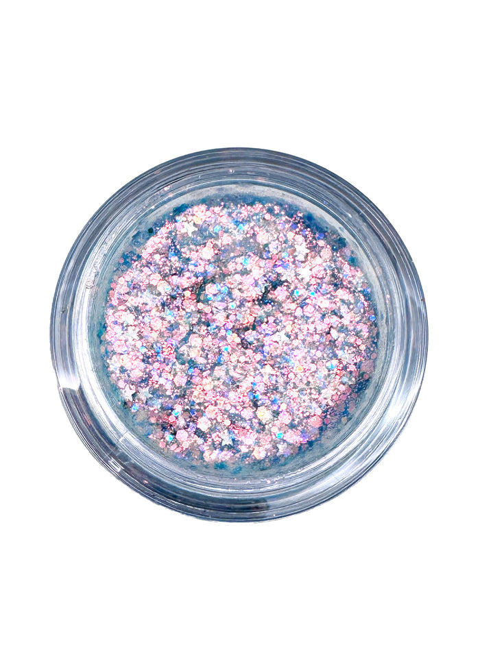 Cosmic Bomb Cosmic Light Dreamscape Blue Glitter Bomb with iridescent blue star glitter gel in 30mL jar on handmade rave festival face body hair glitter — swatch view