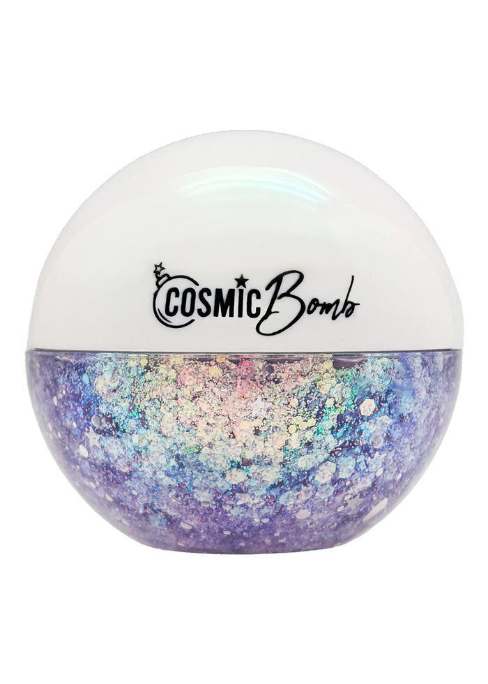 Cosmic Bomb Cosmic Light Twilight Lavender Glitter Bomb with iridescent lavender star glitter gel in 30mL jar on handmade rave festival face body hair glitter — front view