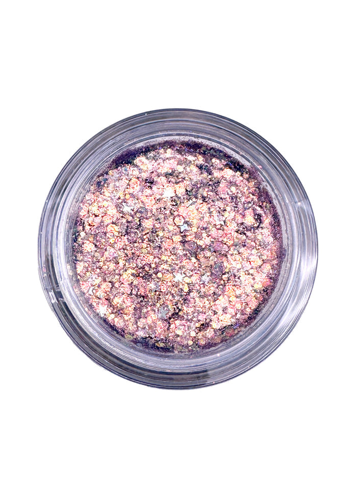 Cosmic Bomb Cosmic Light Twilight Lavender Glitter Bomb with iridescent lavender star glitter gel in 30mL jar on handmade rave festival face body hair glitter — swatch view