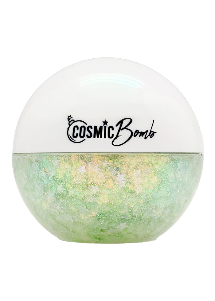 Cosmic Bomb Cosmic Light Lime Light Green Glitter Bomb with iridescent green star glitter gel in 30mL jar on handmade rave festival face body hair glitter — front view