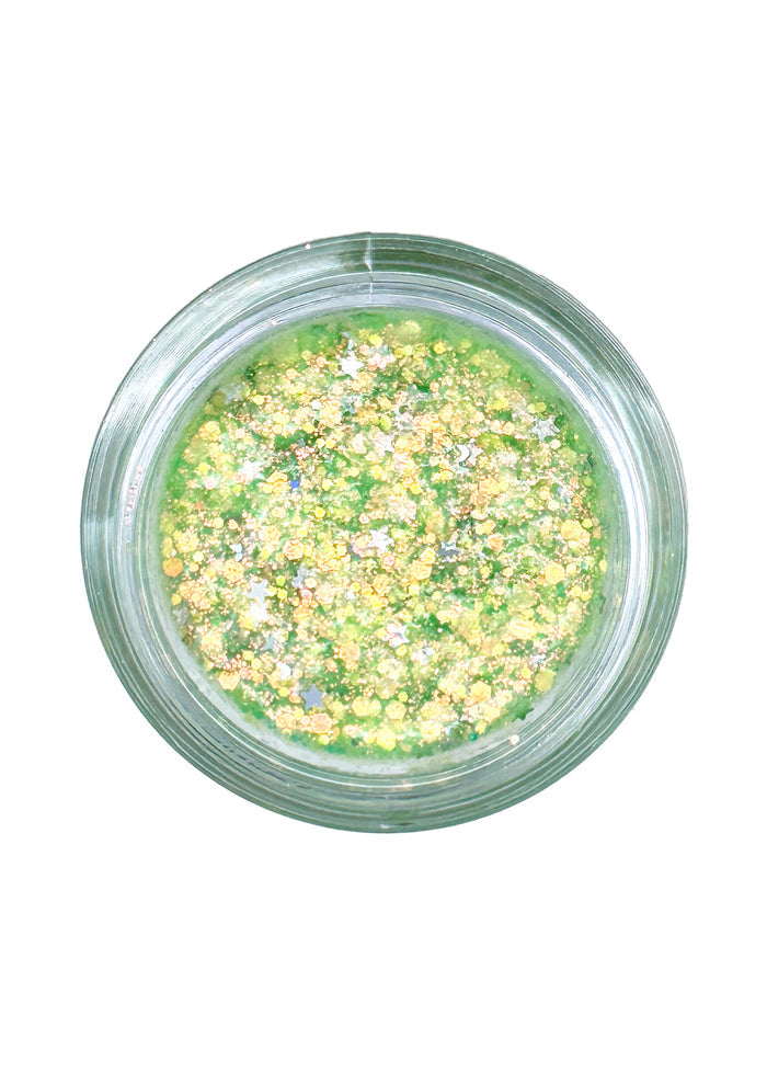 Cosmic Bomb Cosmic Light Lime Light Green Glitter Bomb with iridescent green star glitter gel in 30mL jar on handmade rave festival face body hair glitter — swatch view