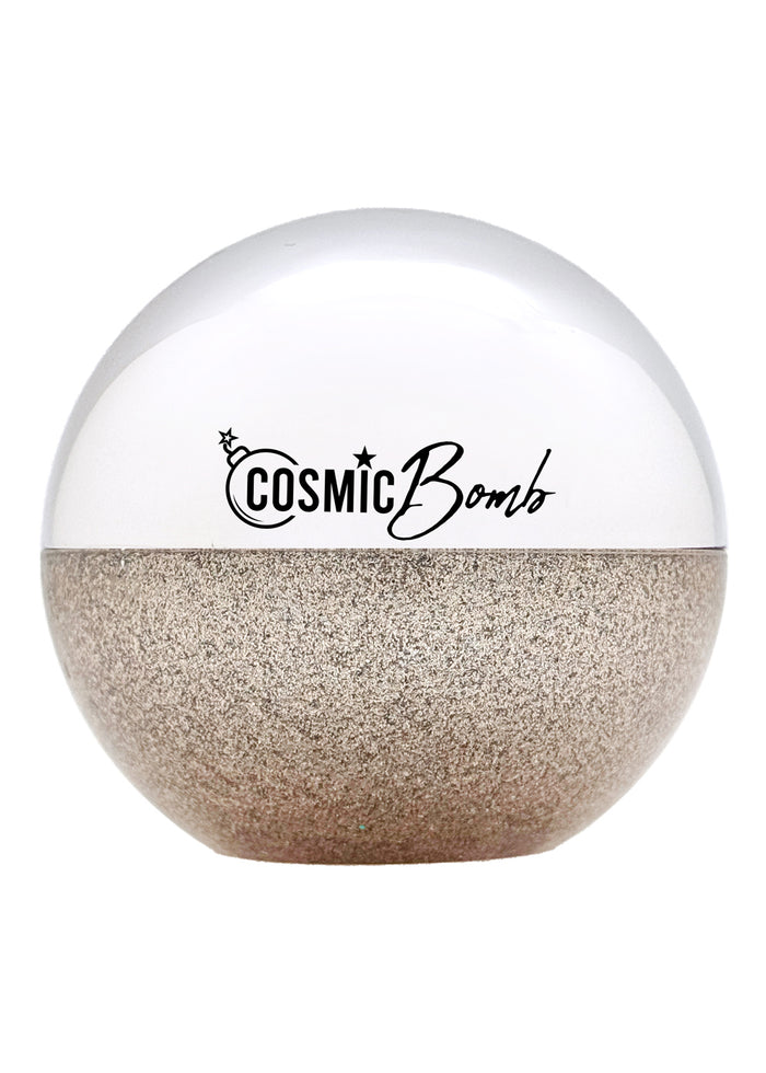 Cosmic Bomb Cosmic Spark Lightyear Gold Glitter Bomb with gold chunky glitter gel in 30mL jar on handmade rave festival face body hair glitter — front view