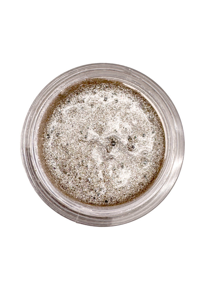 Cosmic Bomb Cosmic Spark Lightyear Gold Glitter Bomb with gold chunky glitter gel in 30mL jar on handmade rave festival face body hair glitter — swatch view