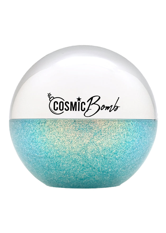 Cosmic Bomb Cosmic Spark Mint Cosmos Glitter Bomb with mint chunky glitter gel in 30mL jar on handmade rave festival face body hair glitter — front view