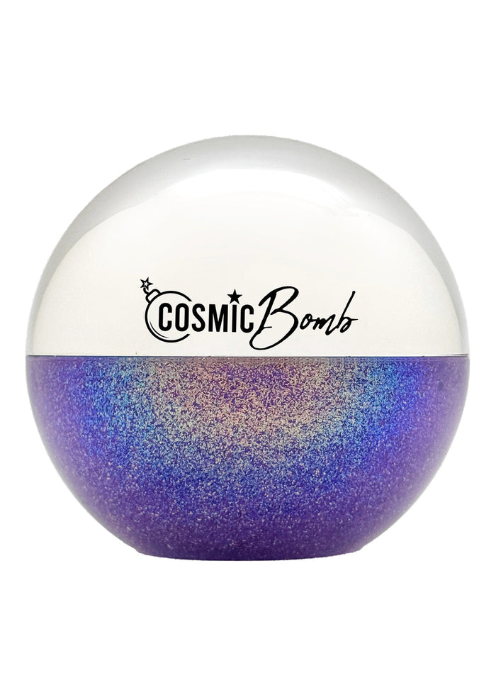 Cosmic Bomb Cosmic Spark Nebula Purple Iridescent Glitter Bomb with iridescent purple chunky glitter gel in 30mL jar on handmade rave festival face body hair glitter — front view