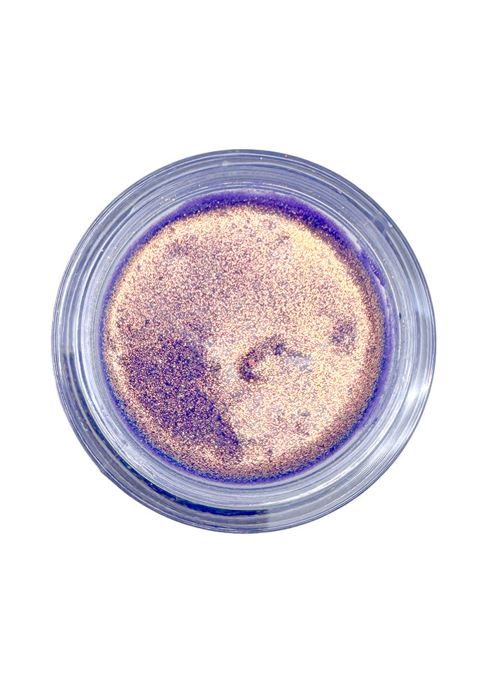 Cosmic Bomb Cosmic Spark Nebula Purple Iridescent Glitter Bomb with iridescent purple chunky glitter gel in 30mL jar on handmade rave festival face body hair glitter — swatch view