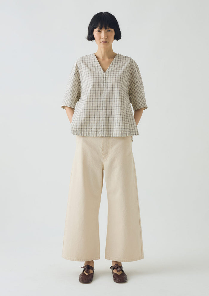 Cotton Window Pane Check V Neck Top | Ecru/Slate