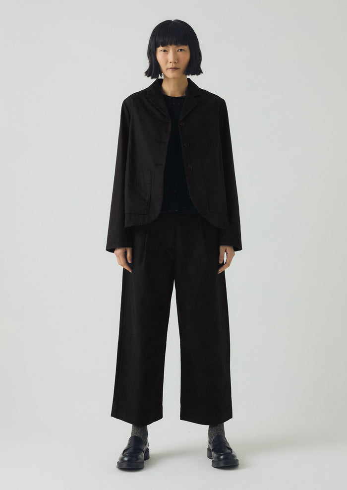 Cotton Wool Herringbone Pleat Front Trousers | Black