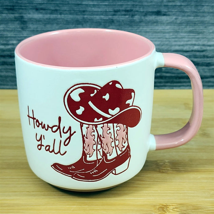 Country Western Coffee Mug Pink Cowgirl Ceramic Tea Cup Blue Sky 18 oz Embossed