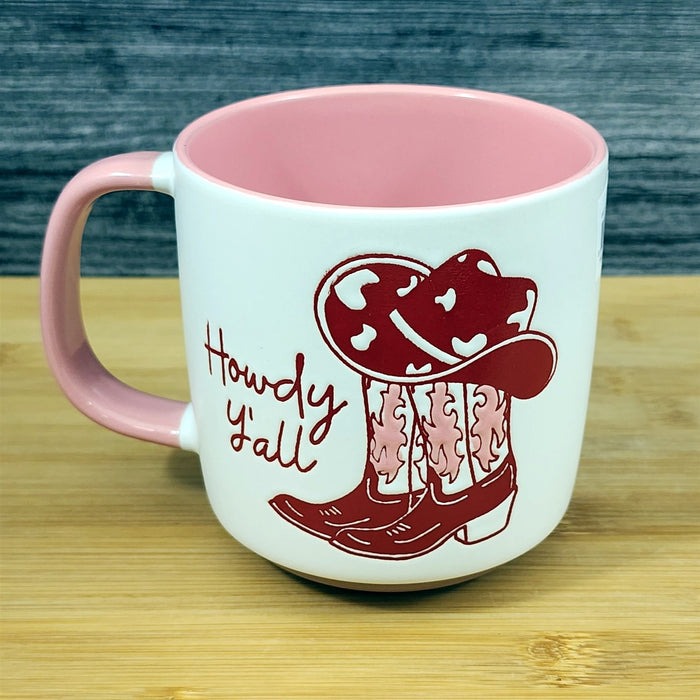 Country Western Coffee Mug Pink Cowgirl Ceramic Tea Cup Blue Sky 18 oz Embossed