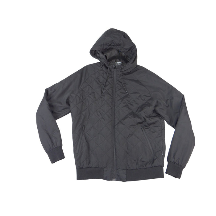 CSG Mens Black Diamond Quilted Hooded Bomber Jacket Full Zip Size Medium 38960