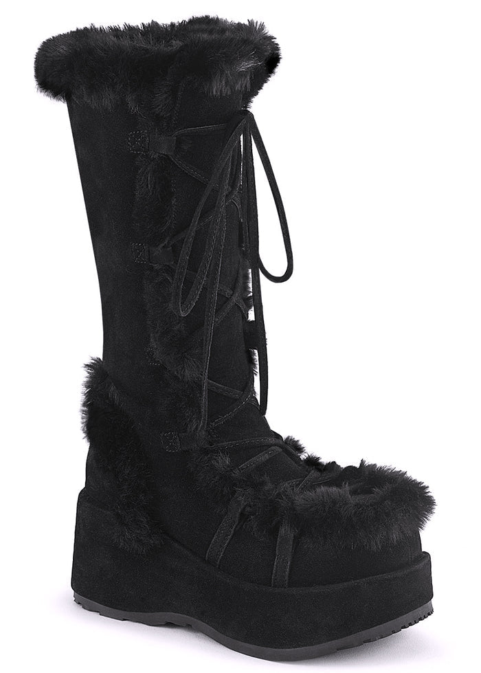 Demonia CUBBY 311 Black Rave Platform Boots in black vegan suede with faux fur trimming and lace-up mid-calf design — front view