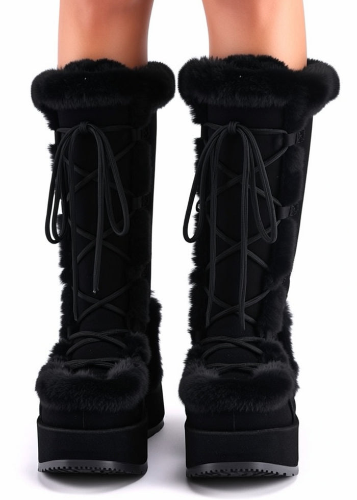 Demonia CUBBY 311 Black Rave Platform Boots in black vegan suede with faux fur trimming and lace-up detail worn by model — front view
