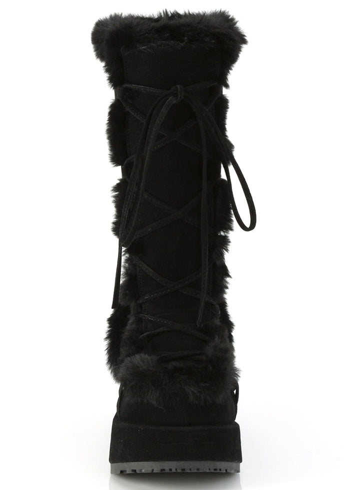 Demonia CUBBY 311 Black Rave Platform Boots in black vegan suede showing 2.75 inch wrapped platform outsole and faux fur trim — side view