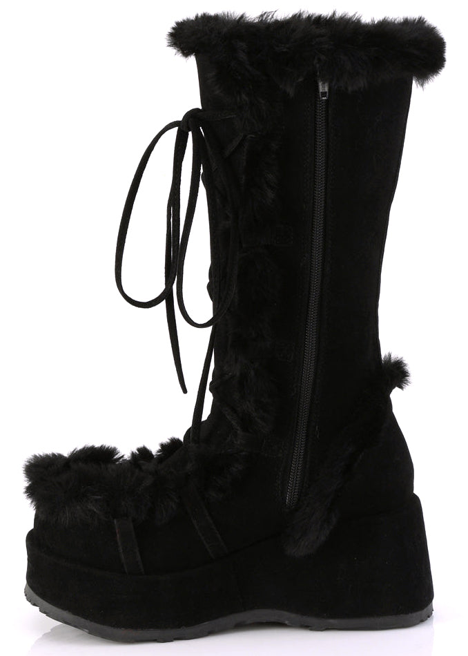 Demonia CUBBY 311 Black Rave Platform Boots in black vegan suede showing inner side zipper closure and faux fur lining detail — detail shot