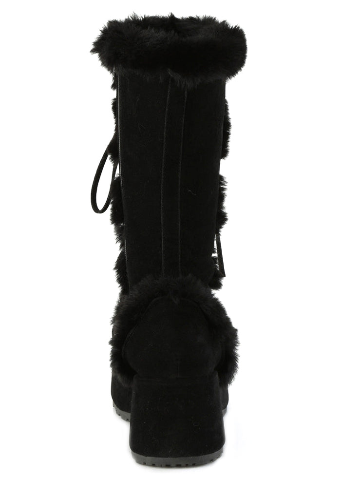 Demonia CUBBY 311 Black Rave Platform Boots in black vegan suede showing mid-calf height and inner zipper closure — back view