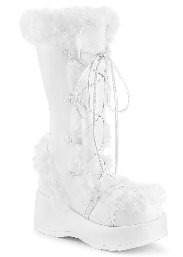 Demonia CUBBY 311 White Rave Platform Boots in white vegan suede with faux fur trimming and lace-up mid-calf design — front view