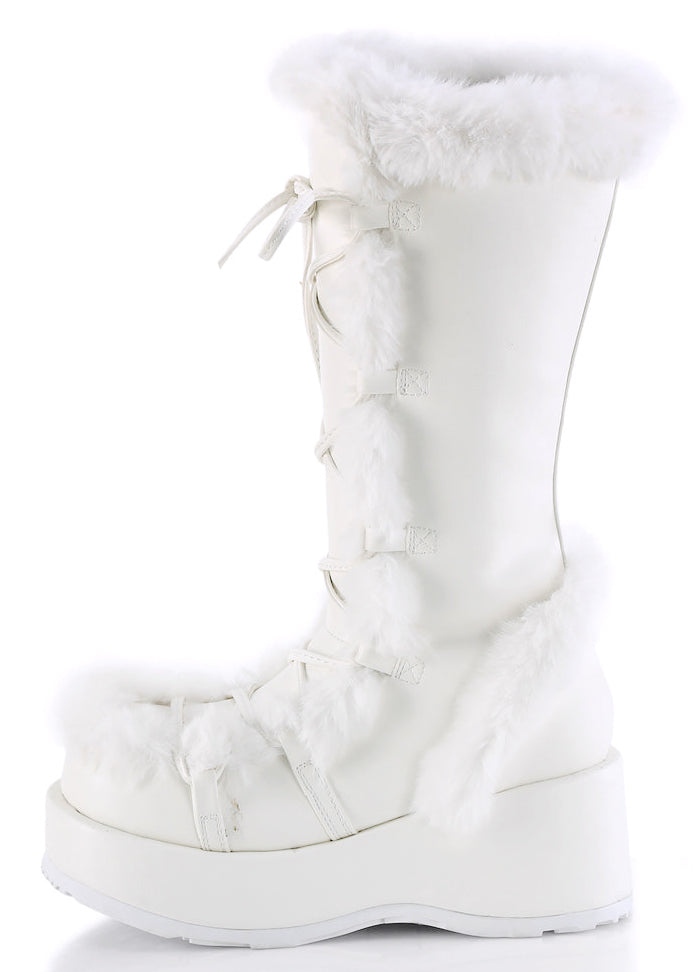 Demonia CUBBY 311 White Rave Platform Boots in white vegan suede showing inner side zipper closure and wrapped platform outsole — detail shot