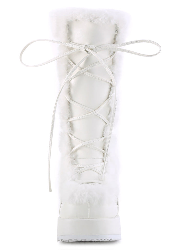 Demonia CUBBY 311 White Rave Platform Boots in white vegan suede showing 2.75 inch wrapped platform height and faux fur trim — side view
