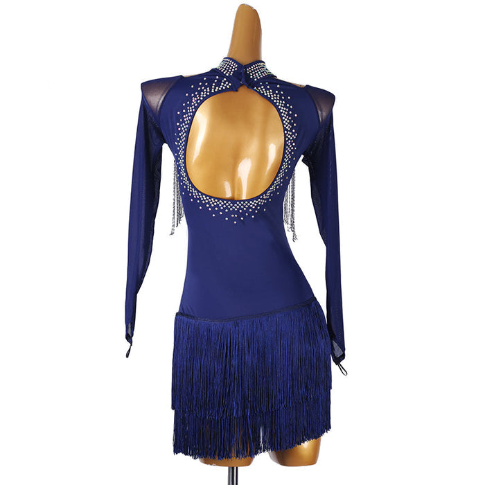 Customisable-Women's Dark Blue Long Sleeve Tassel DanceWear Dance Dress Performance Wear