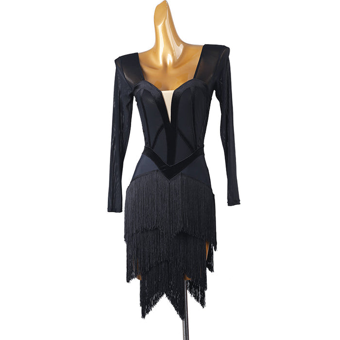 Customisable-Women's Long Sleeve Tassel DanceWear Dance Dress Performance Wear