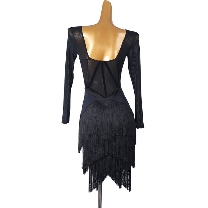 Customisable-Women's Long Sleeve Tassel DanceWear Dance Dress Performance Wear