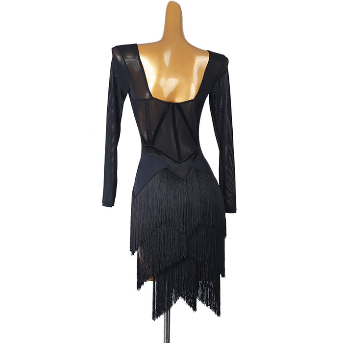 Customisable-Women's Long Sleeve Tassel DanceWear Dance Dress Performance Wear