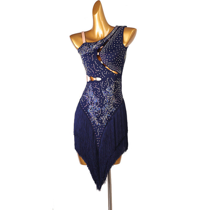 Customisable-Women's Performance Sleeveless Blue Tassels Latin Salsa Dance Dress Competition Dress