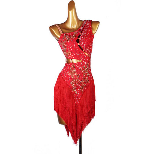 Customisable-Women's Performance Sleeveless Red Tassels Latin Salsa Dance Dress Competition Dress