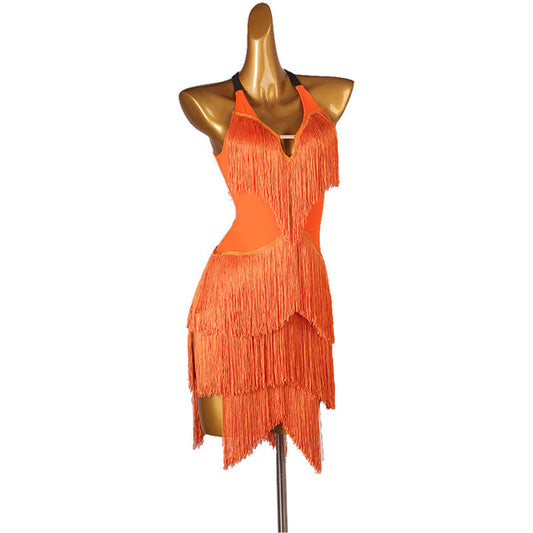 Customisable-Women's Performance Sleeveless Tassels Latin Salsa Dance Dress Competition Dress