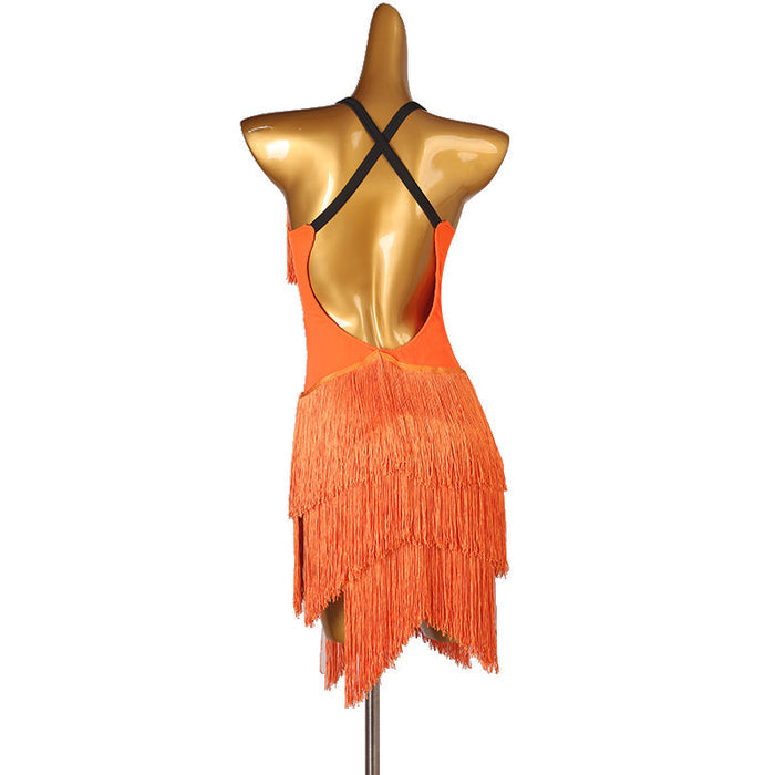 Customisable-Women's Performance Sleeveless Tassels Latin Salsa Dance Dress Competition Dress